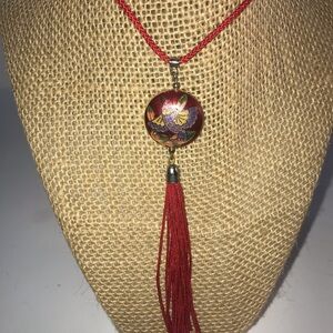 Vintage Cloisonné Colorful Bird Puffer Pendant Tassel Cord Necklace Red